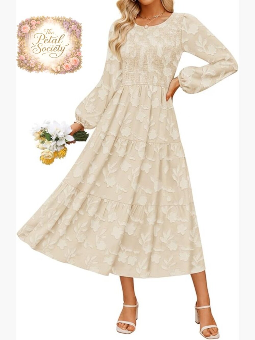 Floral Midi Dress Long Sleeve Crewneck Flowy Boho Wedding Guest Casual